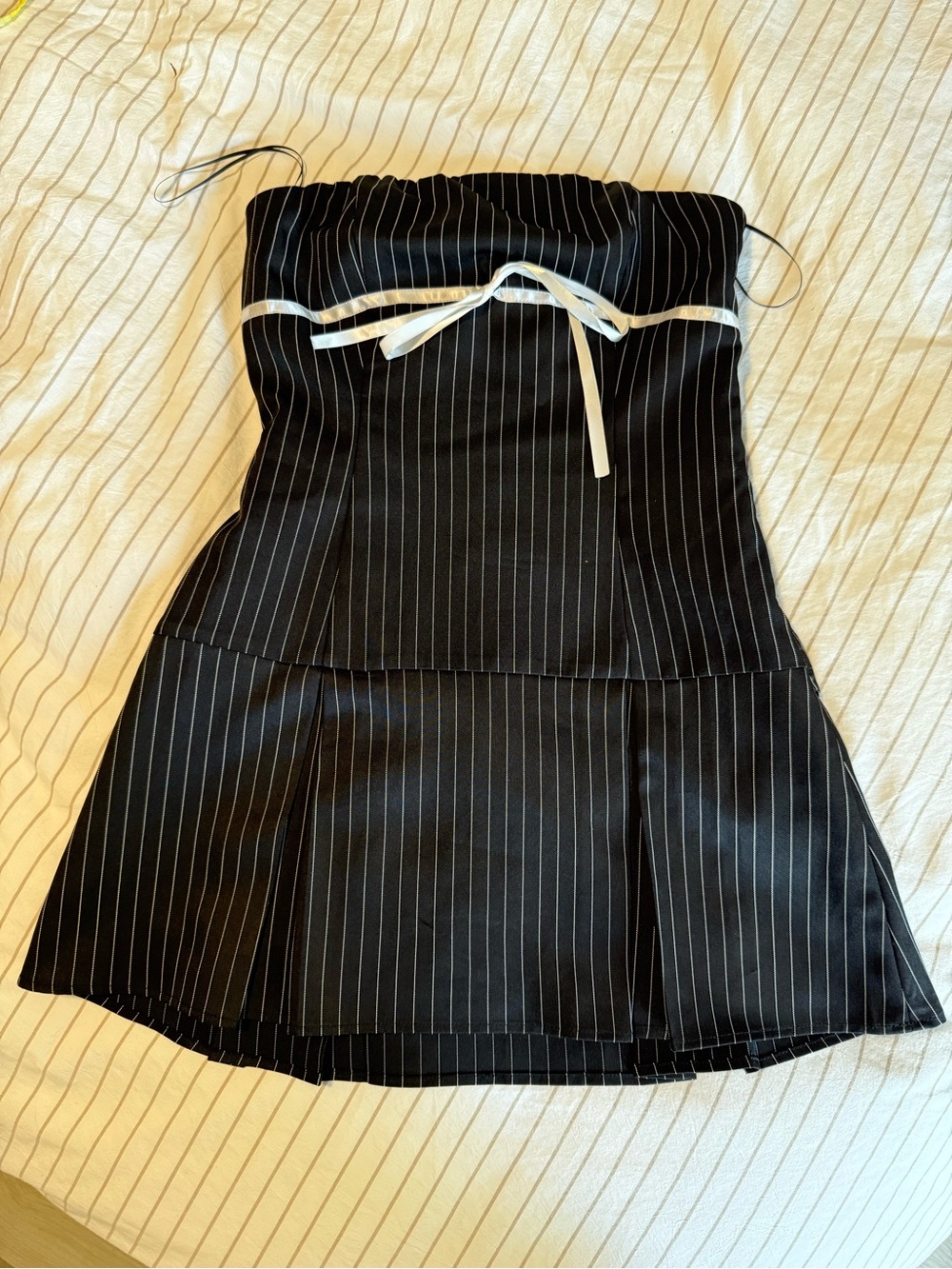 REVOLVE Black Pinstripe Strapless Mini Dress with White Trim